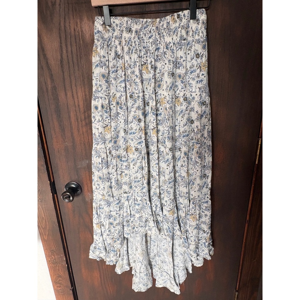 Wild Moss Floral Paisley High Low Maxi Skirt Blue Yellow Smocked Waist Small